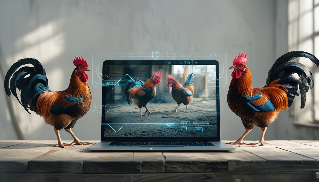 Gambaran dua ayam jago bertarung dengan latar belakang layar perangkat digital yang menampilkan pertandingan sabung ayam online.