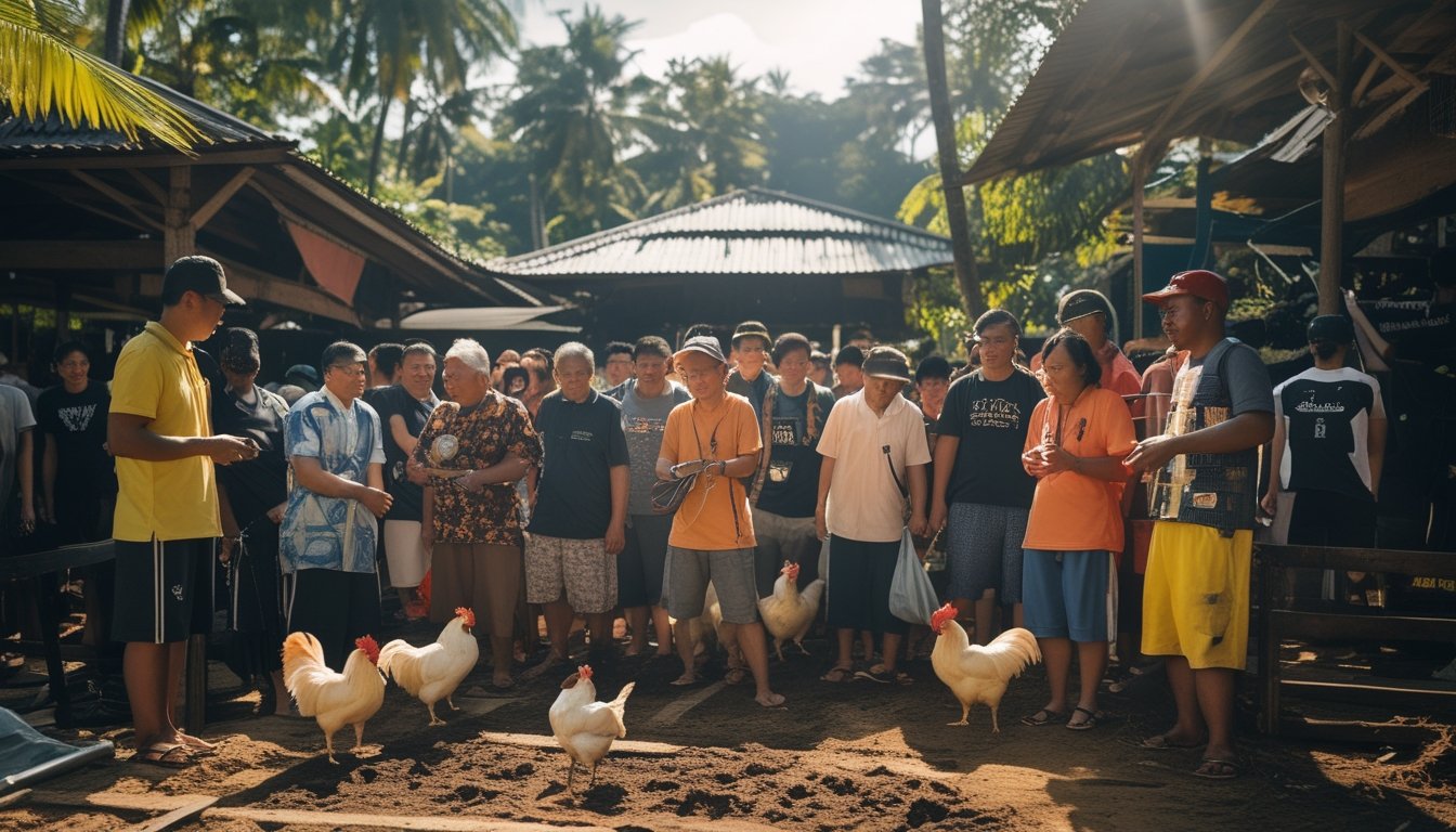 Sekelompok orang Indonesia berkumpul di arena sabung ayam tradisional di luar ruangan, dikelilingi pepohonan tropis, sedang menyaksikan dan berinteraksi dalam suasana komunitas yang hidup.