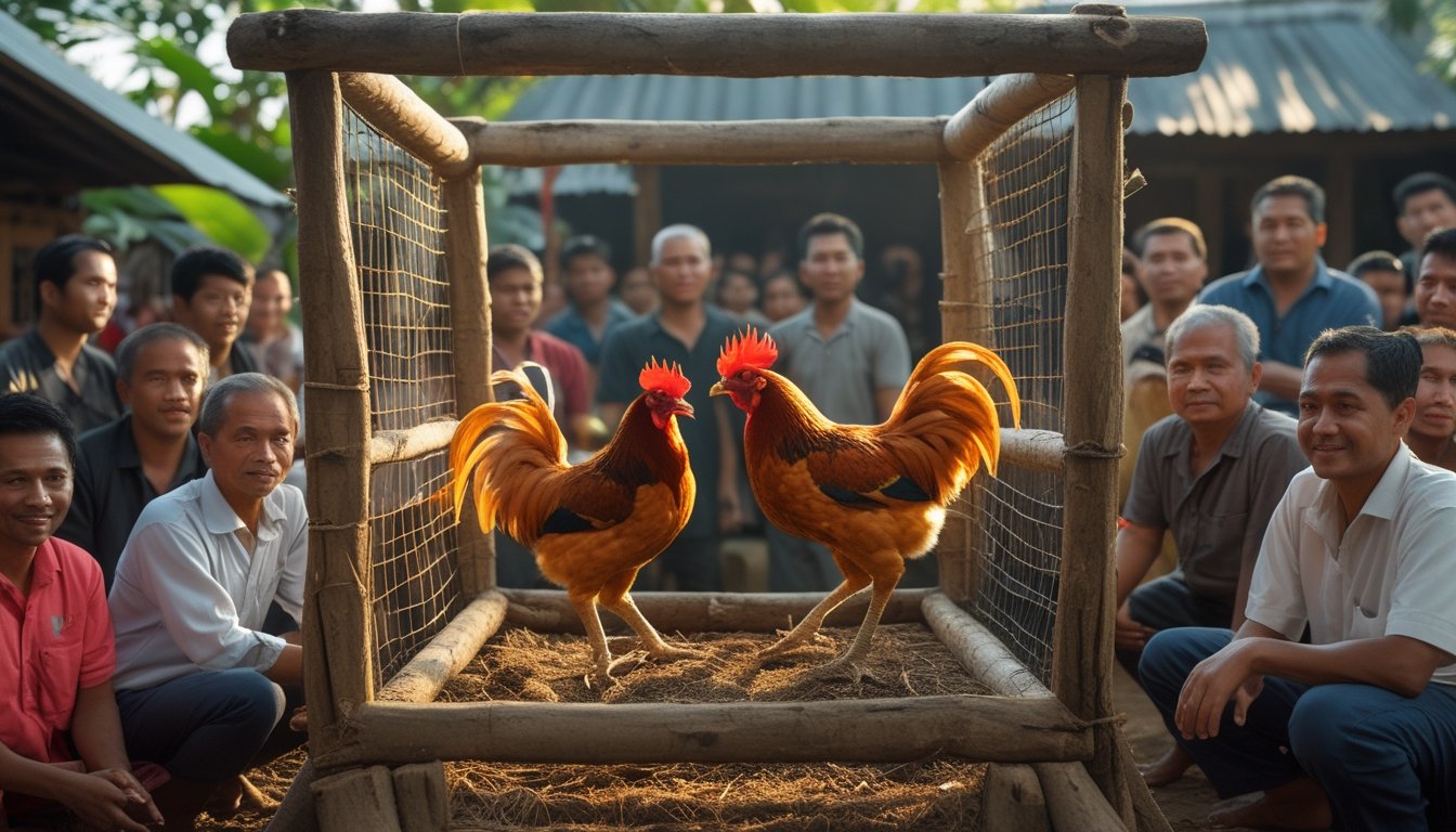 Beberapa pria Indonesia sedang menyaksikan pertarungan ayam jago di dalam kandang kayu di lingkungan desa dengan latar belakang pepohonan tropis.