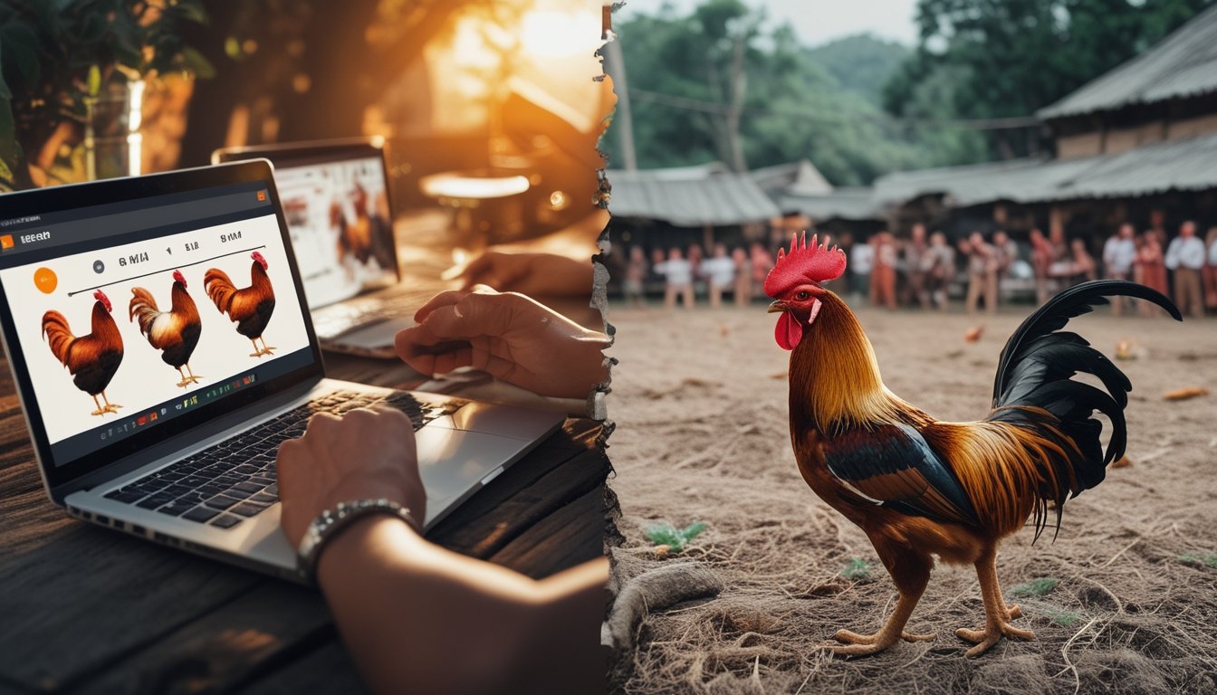 Seseorang menggunakan laptop untuk sabung ayam online di sebelah kiri, dan arena sabung ayam tradisional dengan ayam jago dan penonton di sebelah kanan.