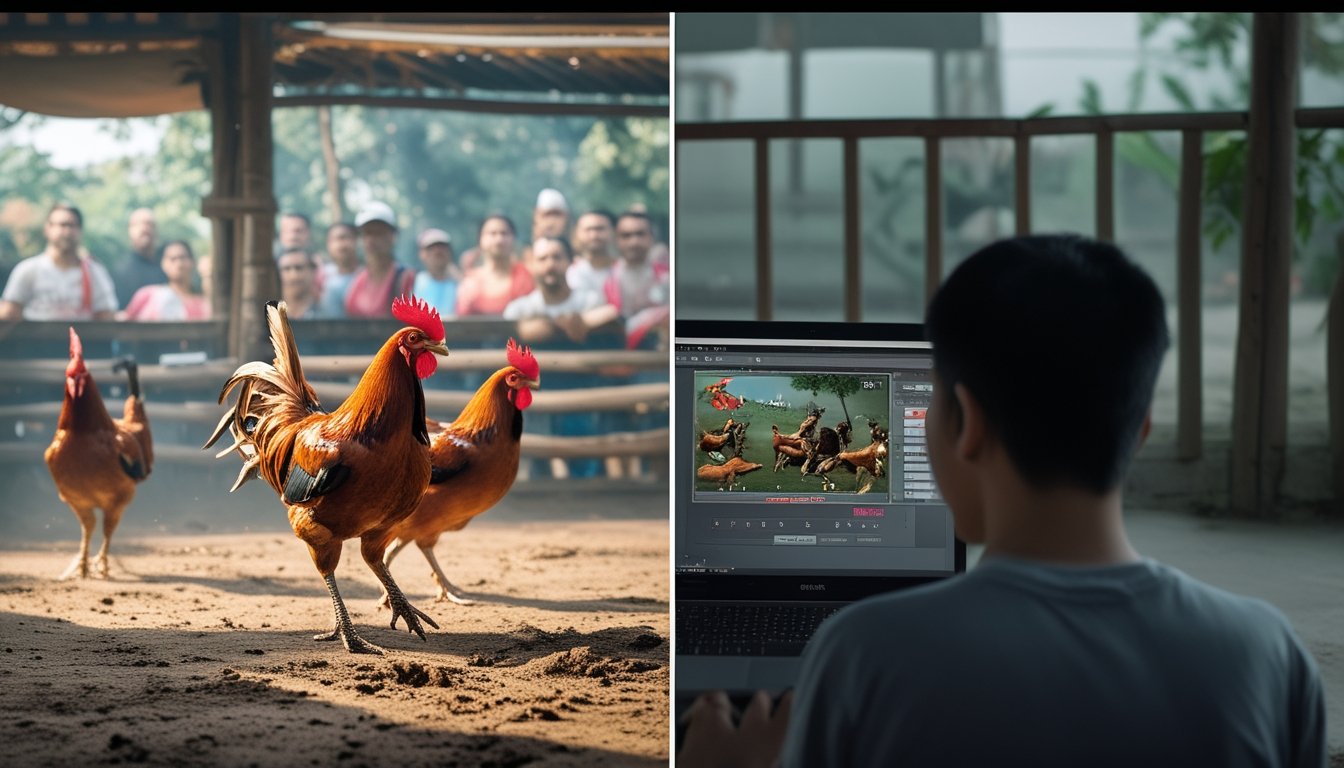 Dua adegan yang menunjukkan perbedaan antara sabung ayam tradisional di arena terbuka dan sabung ayam online dengan seseorang menonton pertandingan di perangkat digital.