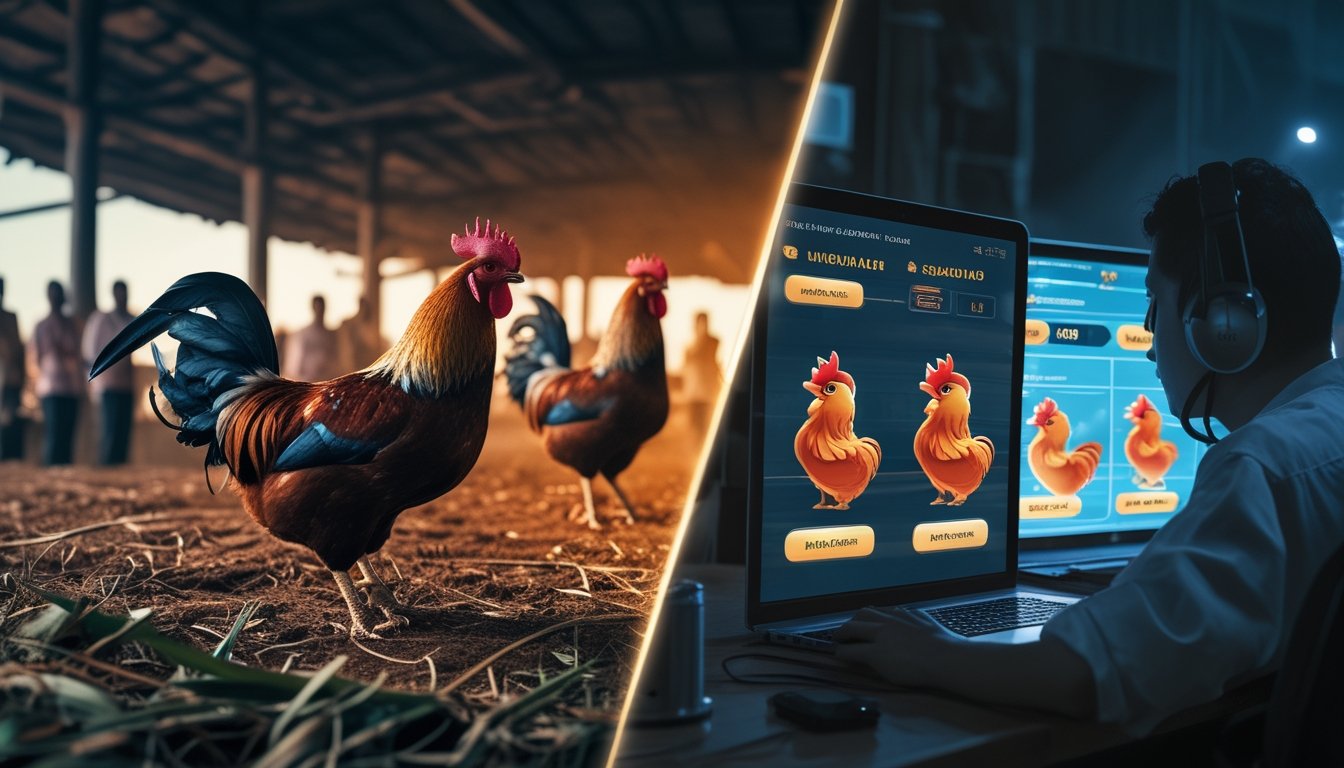 Dua adegan yang menunjukkan sabung ayam tradisional di arena dengan penonton dan seseorang menggunakan laptop dan ponsel untuk menonton sabung ayam secara online.