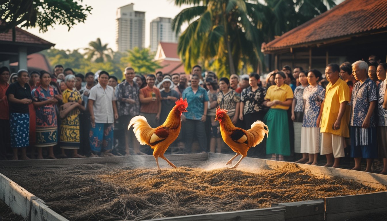 Dua ayam jago berwarna-warni sedang bertarung di arena kayu dengan penonton Indonesia mengenakan pakaian tradisional dan modern di sekitar mereka, latar belakang menunjukkan perpaduan antara elemen pedesaan dan kota.