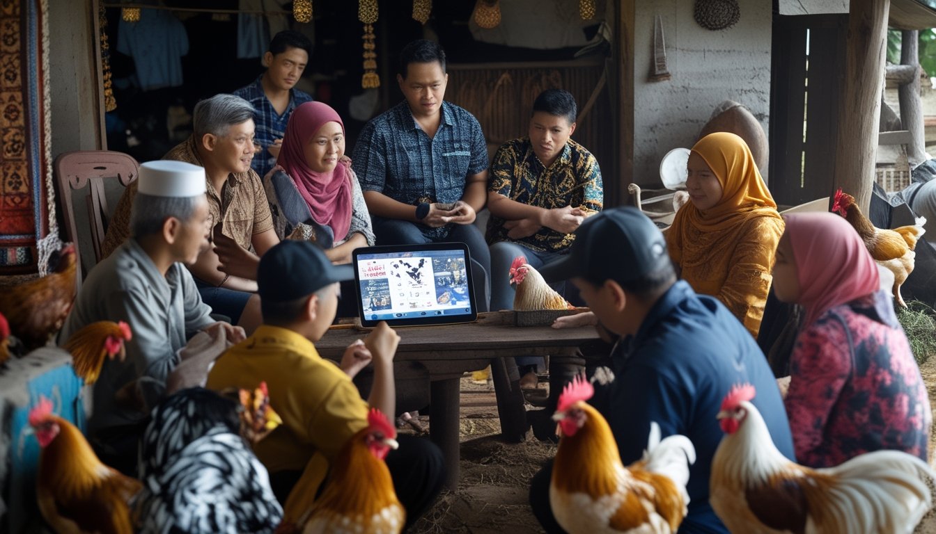 Sekelompok orang berkumpul di lingkungan tradisional sambil menonton pertandingan sabung ayam secara online dan berinteraksi.
