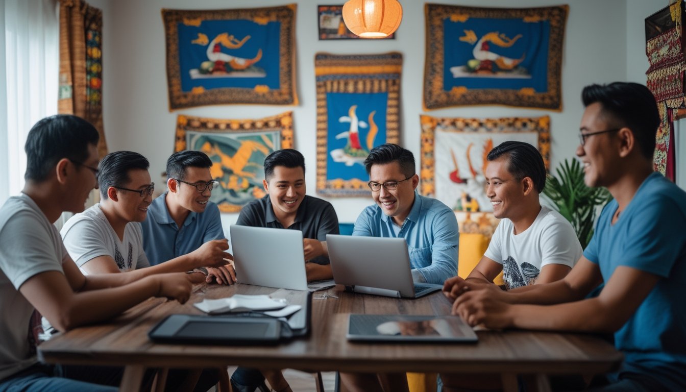 Sekelompok orang berkumpul di ruangan modern, menggunakan perangkat digital untuk menonton dan berdiskusi tentang sabung ayam online.