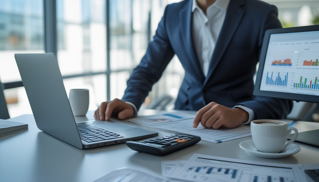 Seorang profesional di kantor modern sedang menganalisis data keuangan dan strategi pengelolaan modal dengan laptop dan dokumen di meja.