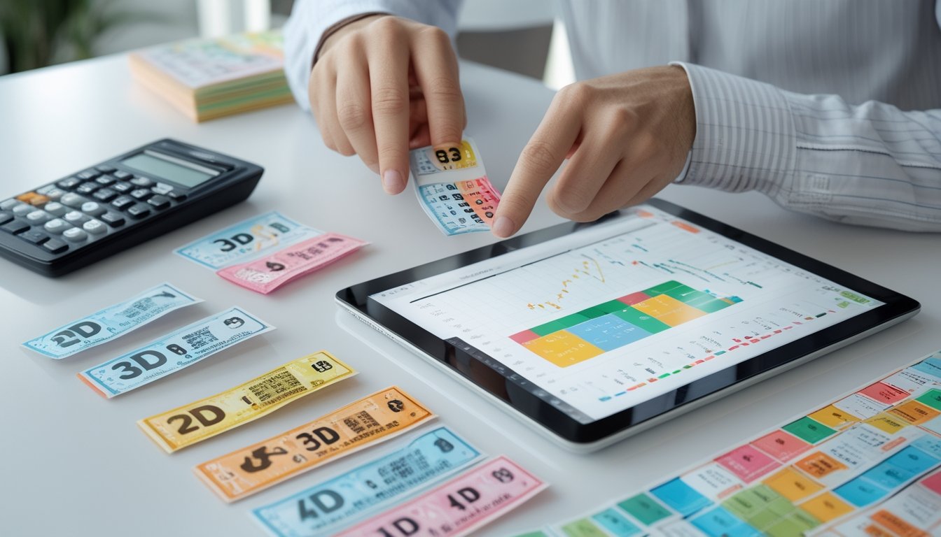 Seorang pria di meja kerja sedang menganalisis tiket lotere dan grafik dengan kalkulator dan tablet di depan mereka.