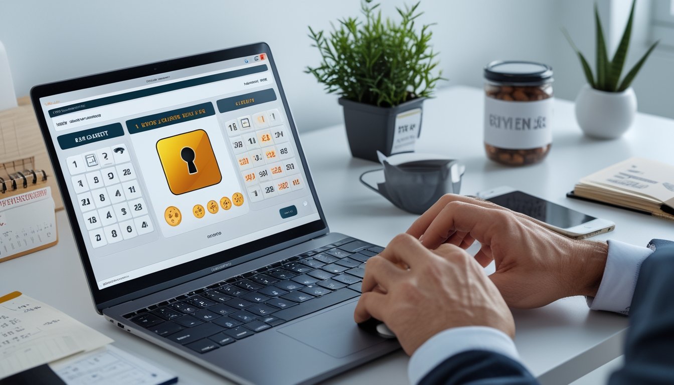 Sebuah ruang kerja modern dengan laptop menampilkan situs taruhan togel online yang aman, tangan seseorang menggunakan mouse, dan beberapa alat tulis di meja.