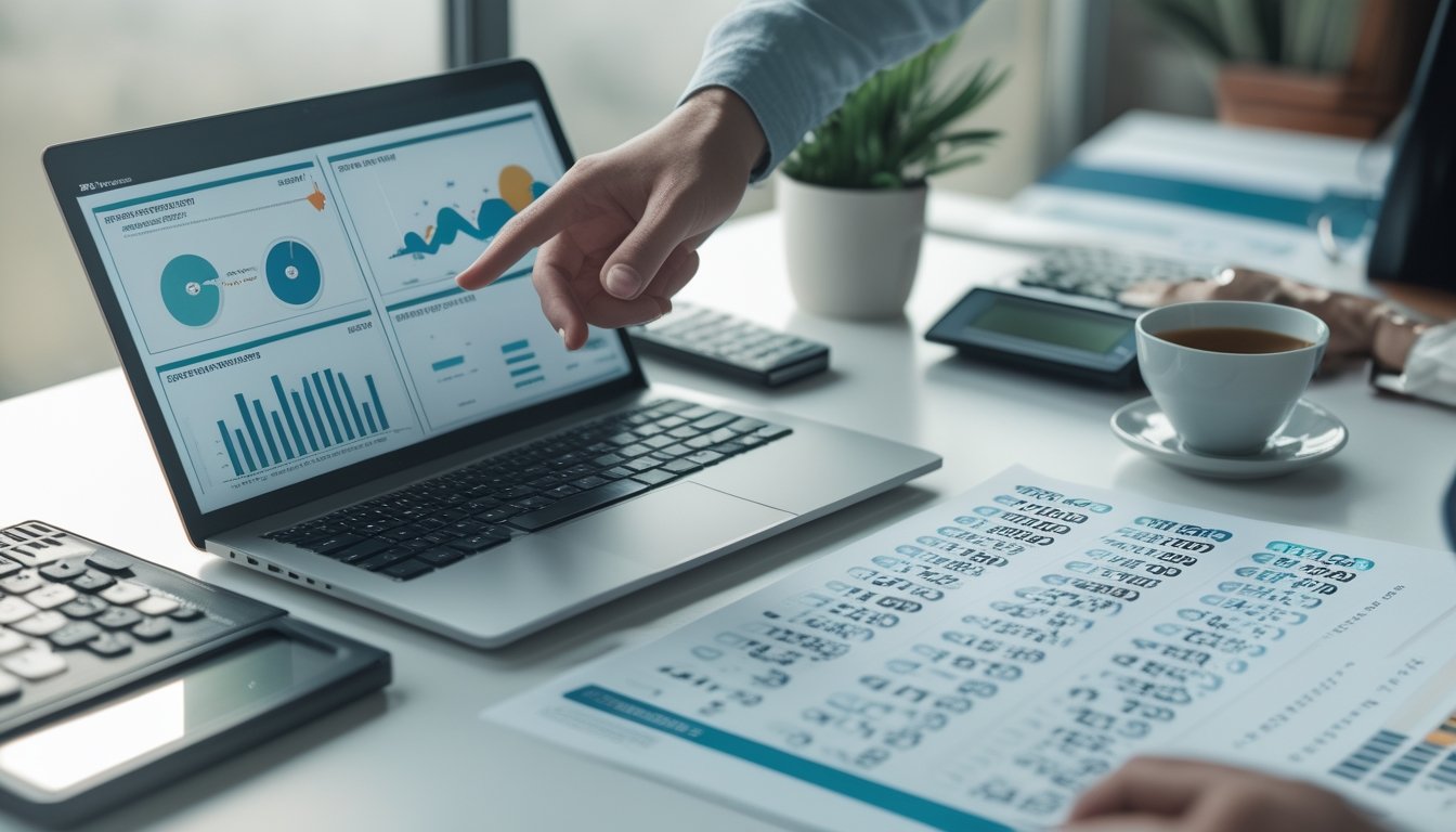Meja kerja dengan laptop, kertas berisi angka dan grafik statistik, tangan seseorang menunjuk data, serta kalkulator dan cangkir kopi di sampingnya.