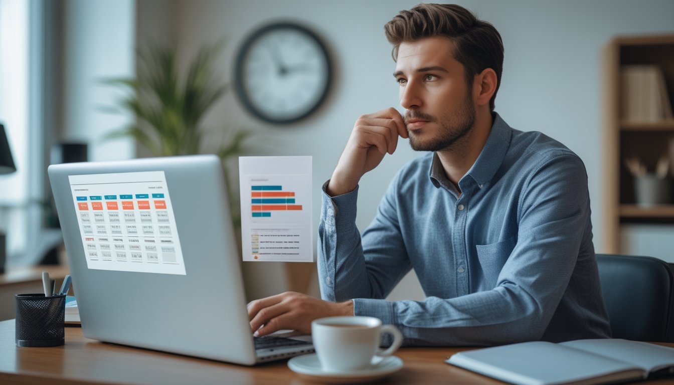 Seorang pria muda duduk di meja dengan laptop, menganalisis data dan grafik, menunjukkan pengelolaan risiko dalam taruhan togel online.