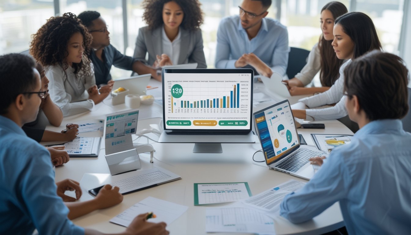 Sekelompok orang sedang berdiskusi di ruang kantor dengan perangkat digital dan dokumen yang menampilkan grafik dan data statistik terkait taruhan togel.