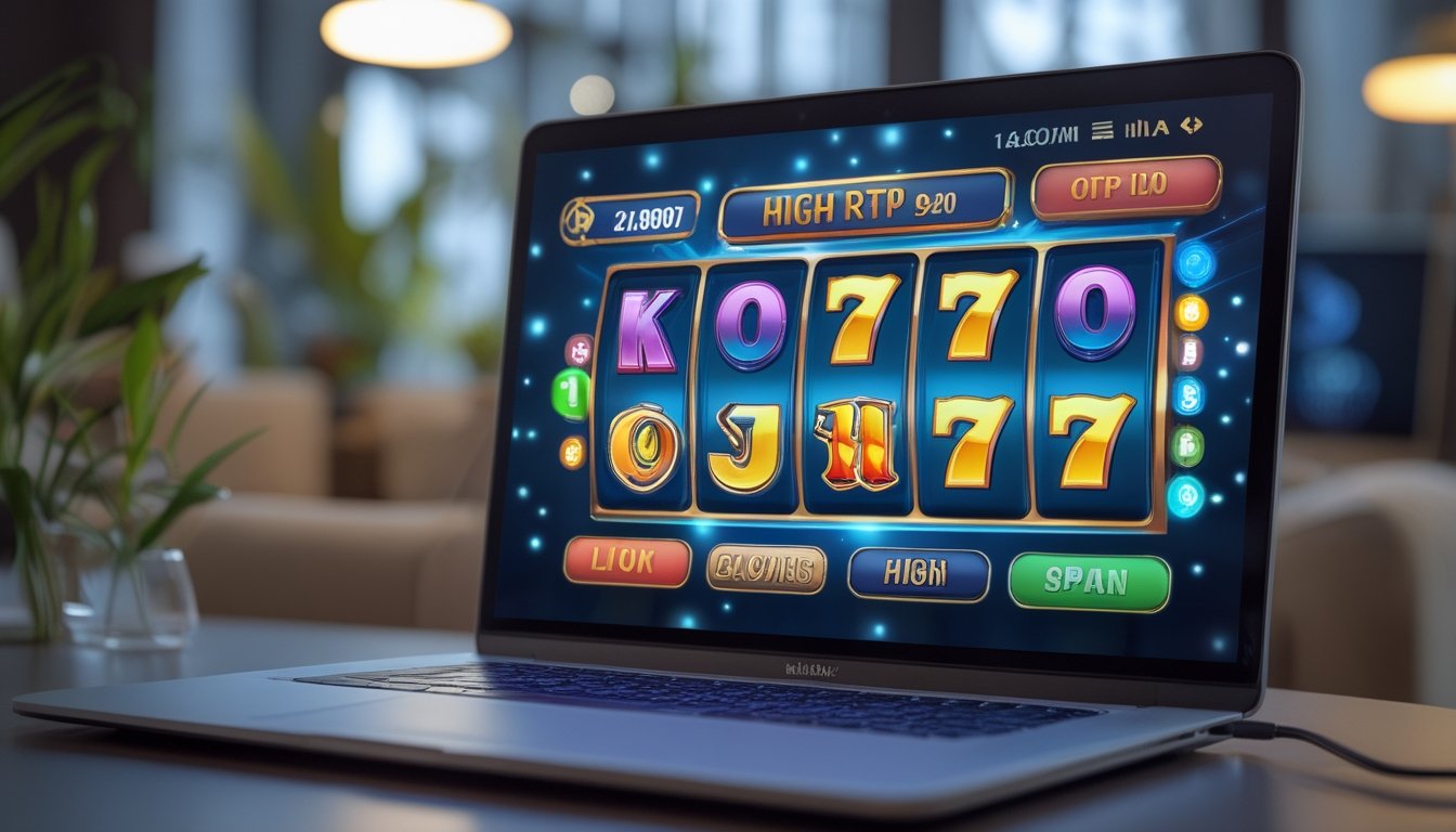 Seorang pemain sedang menggunakan laptop dengan tampilan permainan slot online yang berwarna-warni di layar dalam ruangan yang nyaman dan terang.