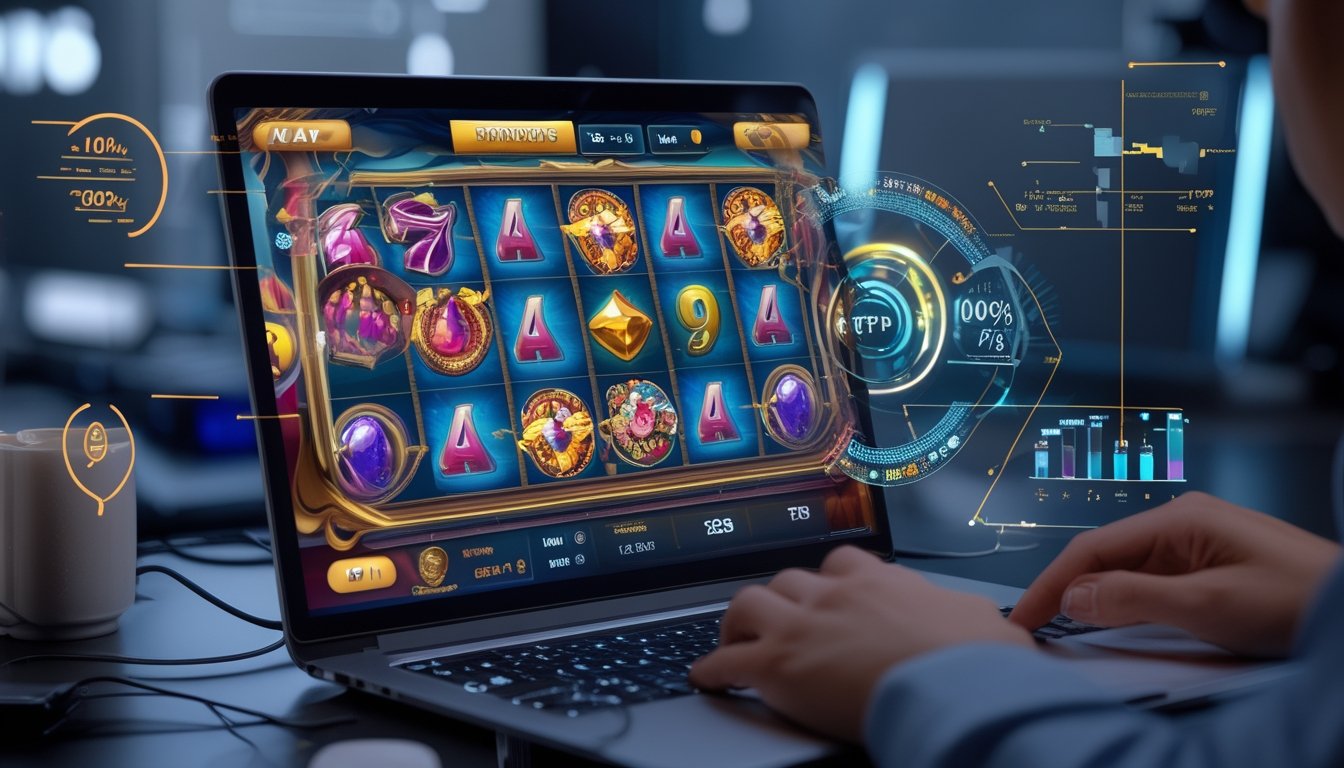 Seorang pemain sedang melihat layar komputer dengan permainan slot online yang berwarna-warni dan simbol berputar, di lingkungan gaming modern.