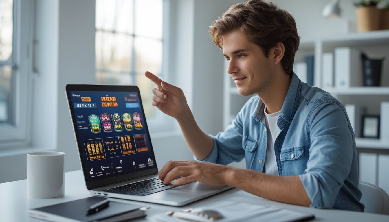 Seorang pemula sedang memilih permainan slot online dengan percaya diri di depan laptop di ruang kerja yang terang dan rapi.