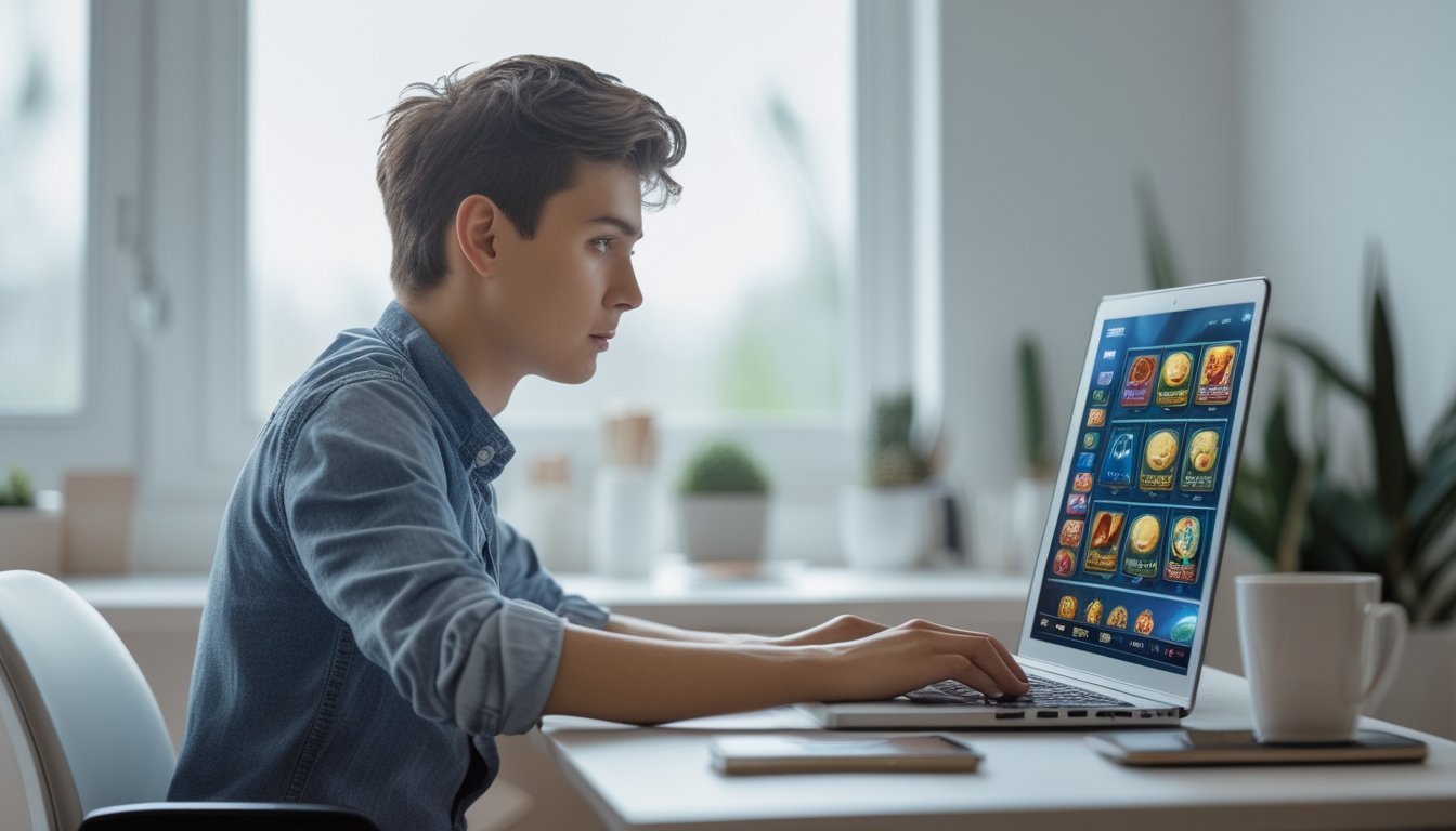 Seorang dewasa muda duduk di meja kerja menggunakan laptop untuk memilih situs slot online terpercaya dengan suasana ruangan yang terang dan rapi.