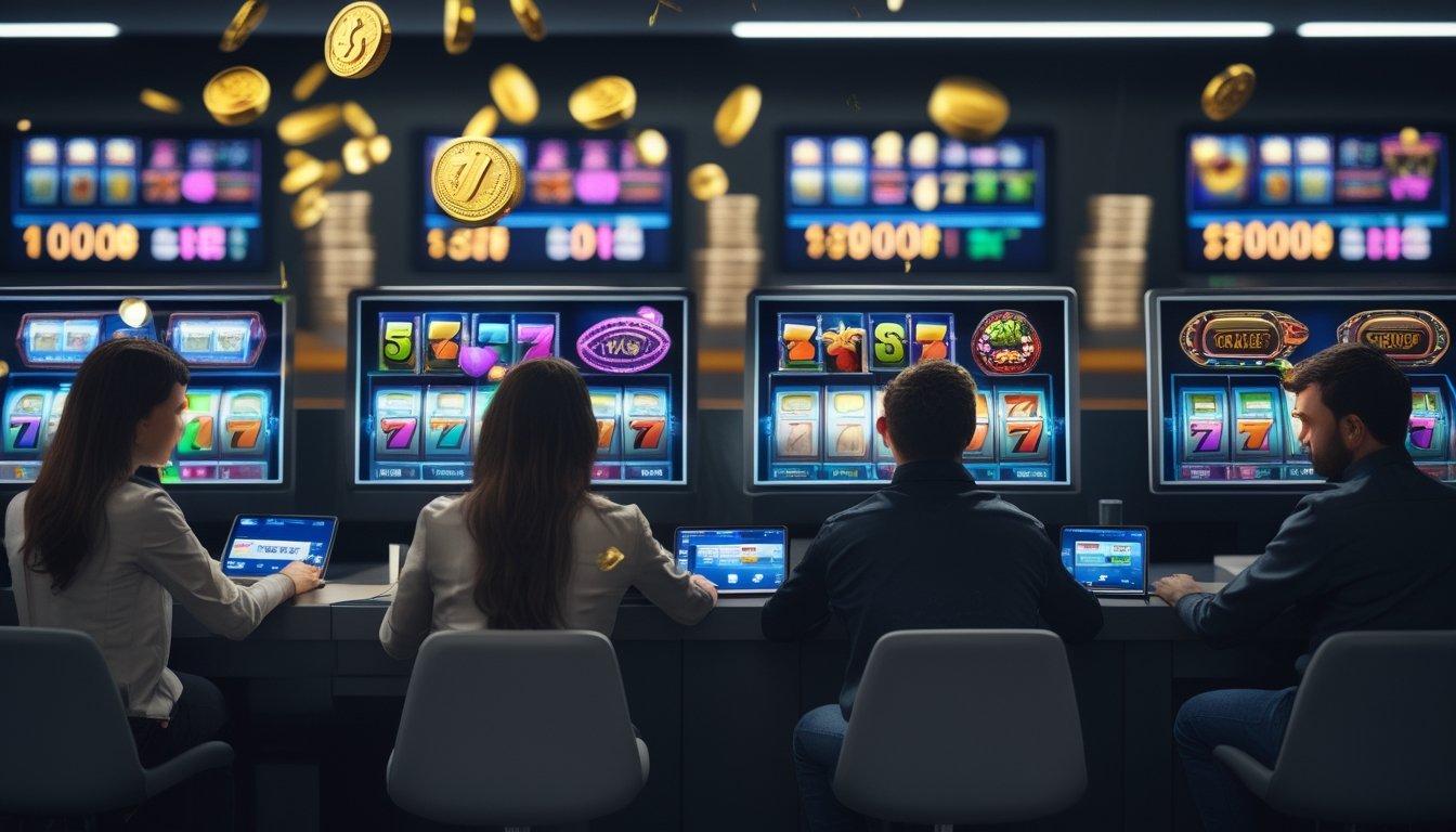 Orang-orang menggunakan perangkat komputer dan tablet untuk bermain mesin slot online dengan layar menampilkan gulungan warna-warni dan koin emas di sekitar mereka.