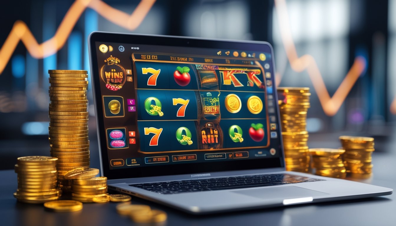 Seorang pemain menggunakan komputer dengan layar menampilkan permainan slot online berwarna-warni, dikelilingi oleh tumpukan chip kasino dan koin emas yang melambangkan kemenangan besar.