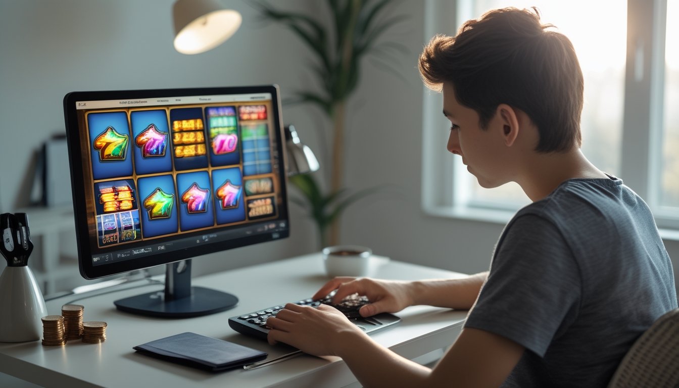 Seseorang sedang bermain permainan slot online di laptop di rumah dengan suasana tenang dan fokus.
