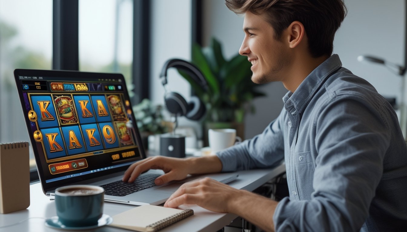Seorang dewasa muda sedang bermain permainan slot online di laptop di ruang kerja rumah yang nyaman dengan catatan kecil dan kopi di meja.