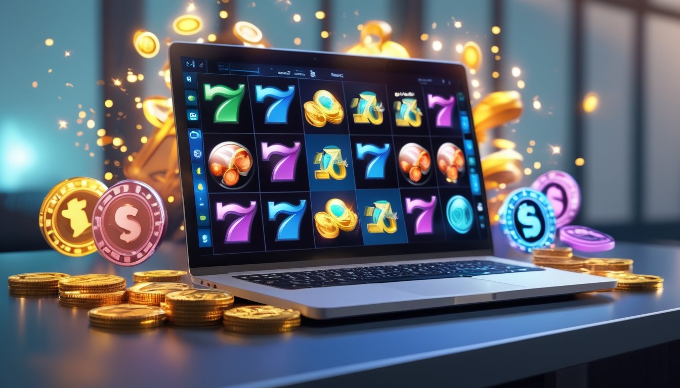 Layar komputer menampilkan permainan slot online dengan simbol warna-warni dan koin emas yang bersinar di sekitarnya.