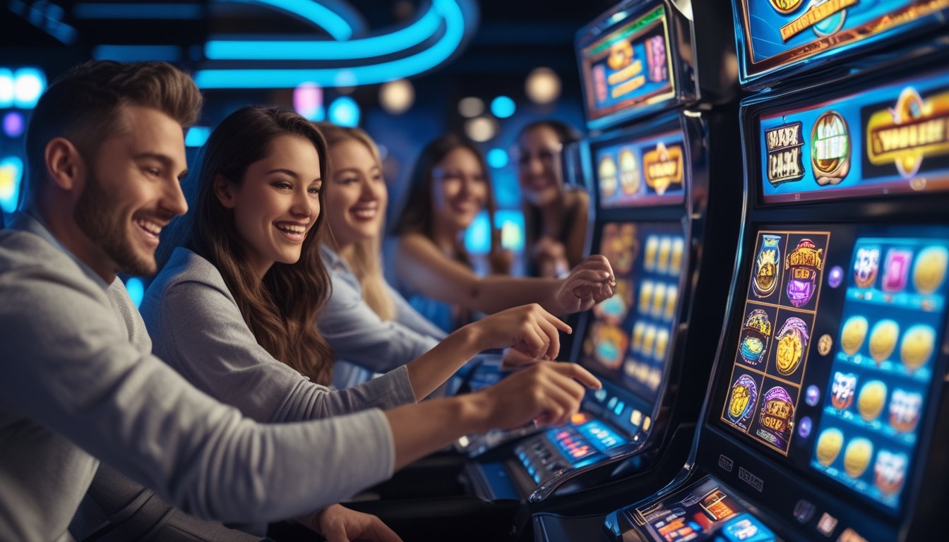 Orang-orang bermain mesin slot digital dengan layar berwarna-warni dan ikon bonus di latar kasino modern.