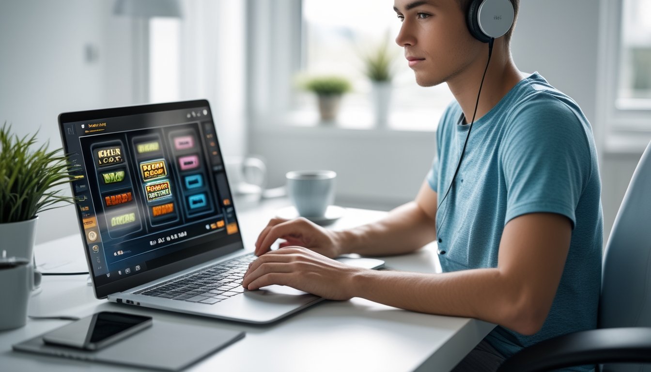 Seorang dewasa muda duduk di meja dengan laptop yang menampilkan permainan slot online, terlihat fokus dan tenang, di ruangan terang dengan cahaya alami.