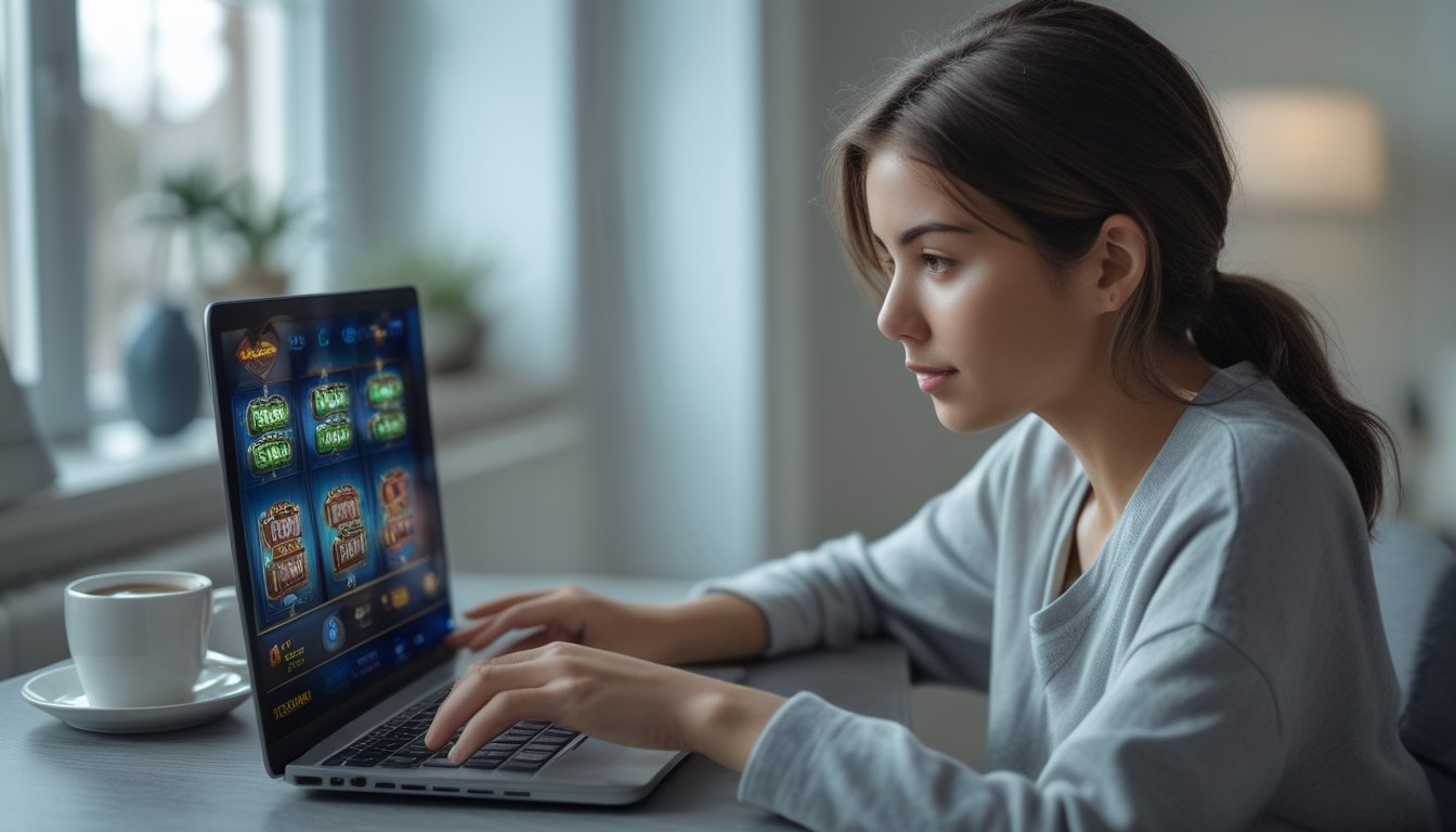 Seorang pemain muda sedang bermain slot online di laptop di ruang tamu yang nyaman.