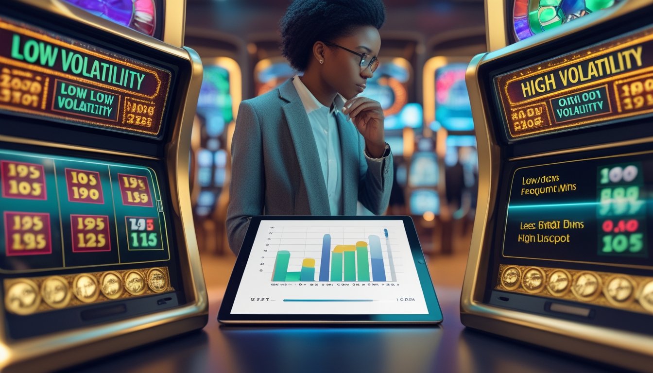 Dua mesin slot berdampingan menunjukkan perbedaan antara volatilitas rendah dan tinggi dengan seorang pria sedang menganalisis data di tablet di latar belakang kasino modern.