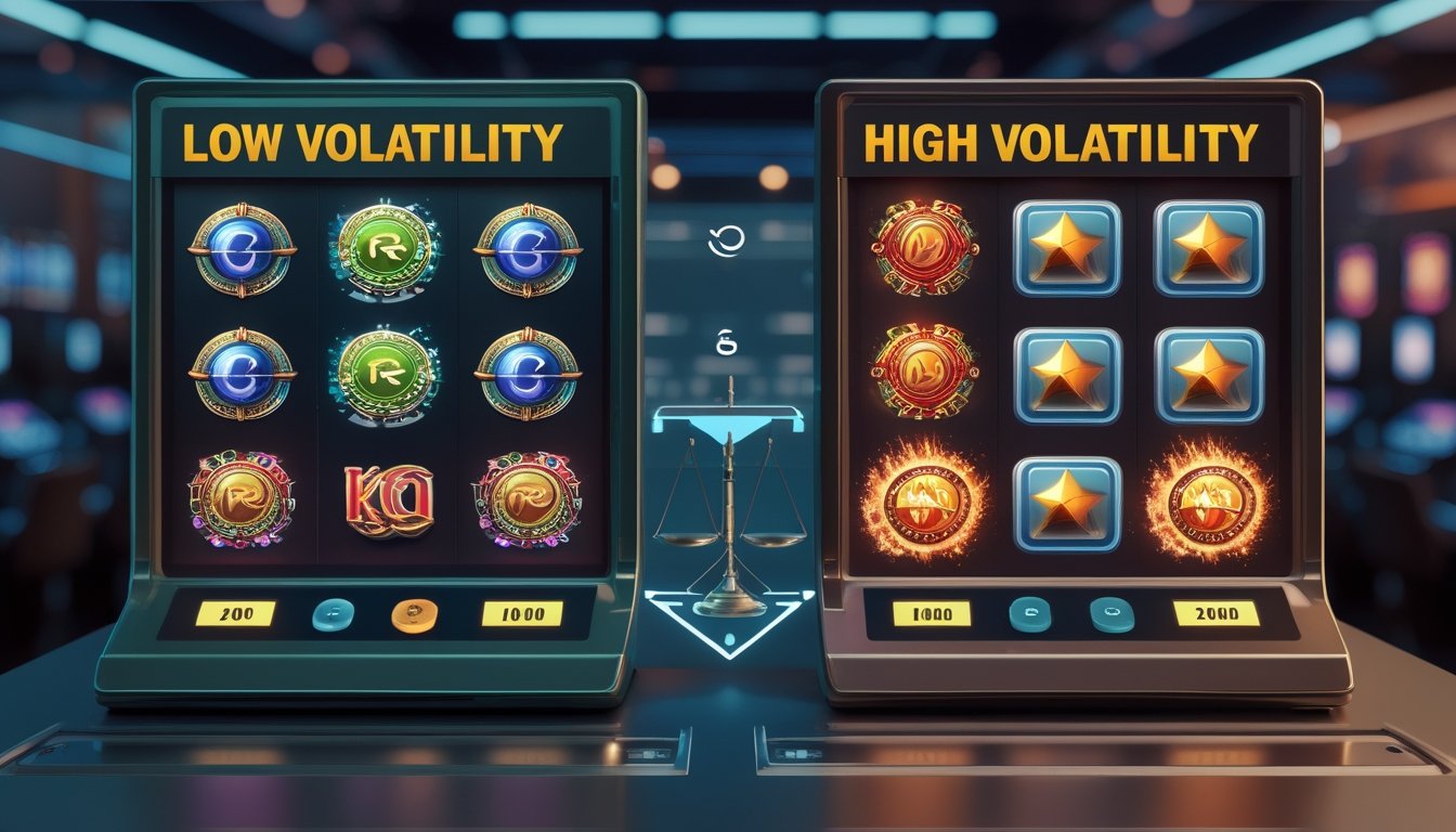 Dua mesin slot berdampingan menunjukkan perbedaan antara volatilitas rendah dan tinggi dengan koin dan simbol yang berbeda di latar kasino modern.