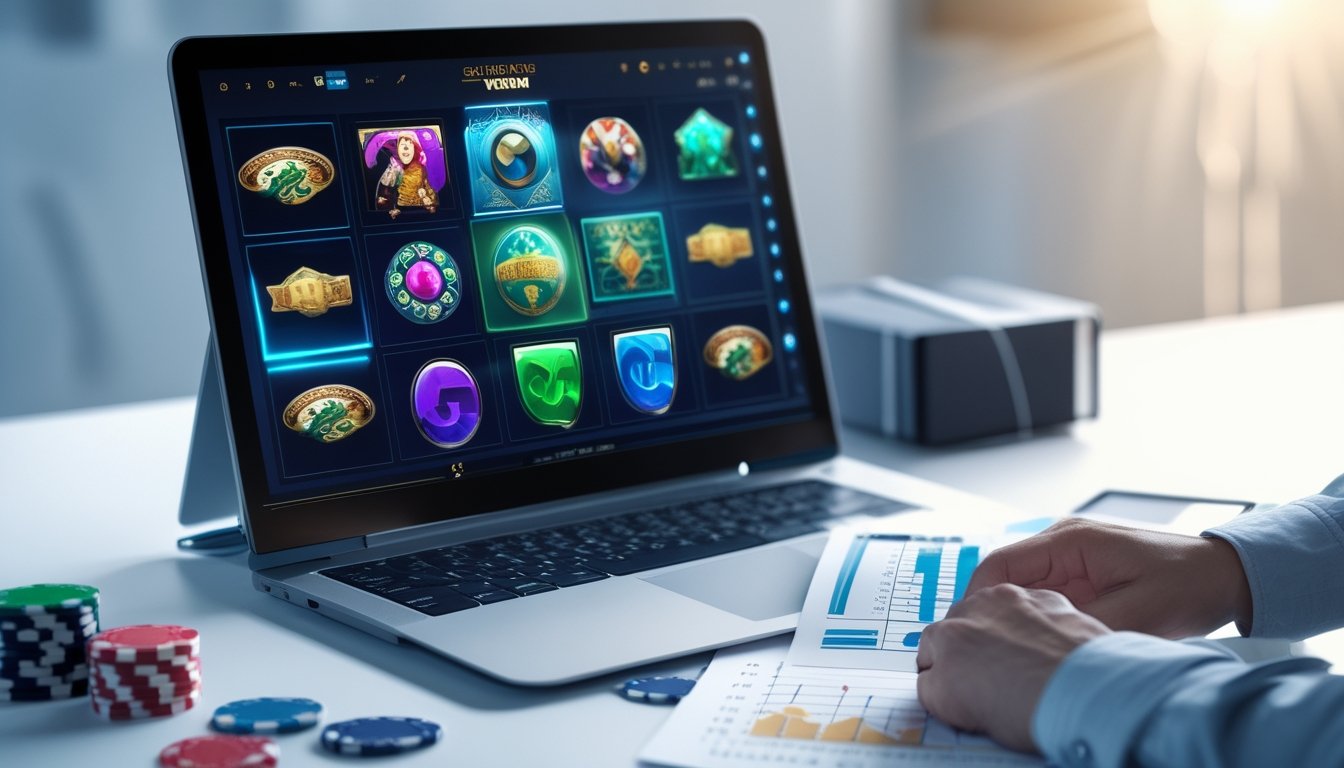Seseorang sedang menganalisis data permainan slot online di depan komputer dan tablet di ruang kerja yang terang.