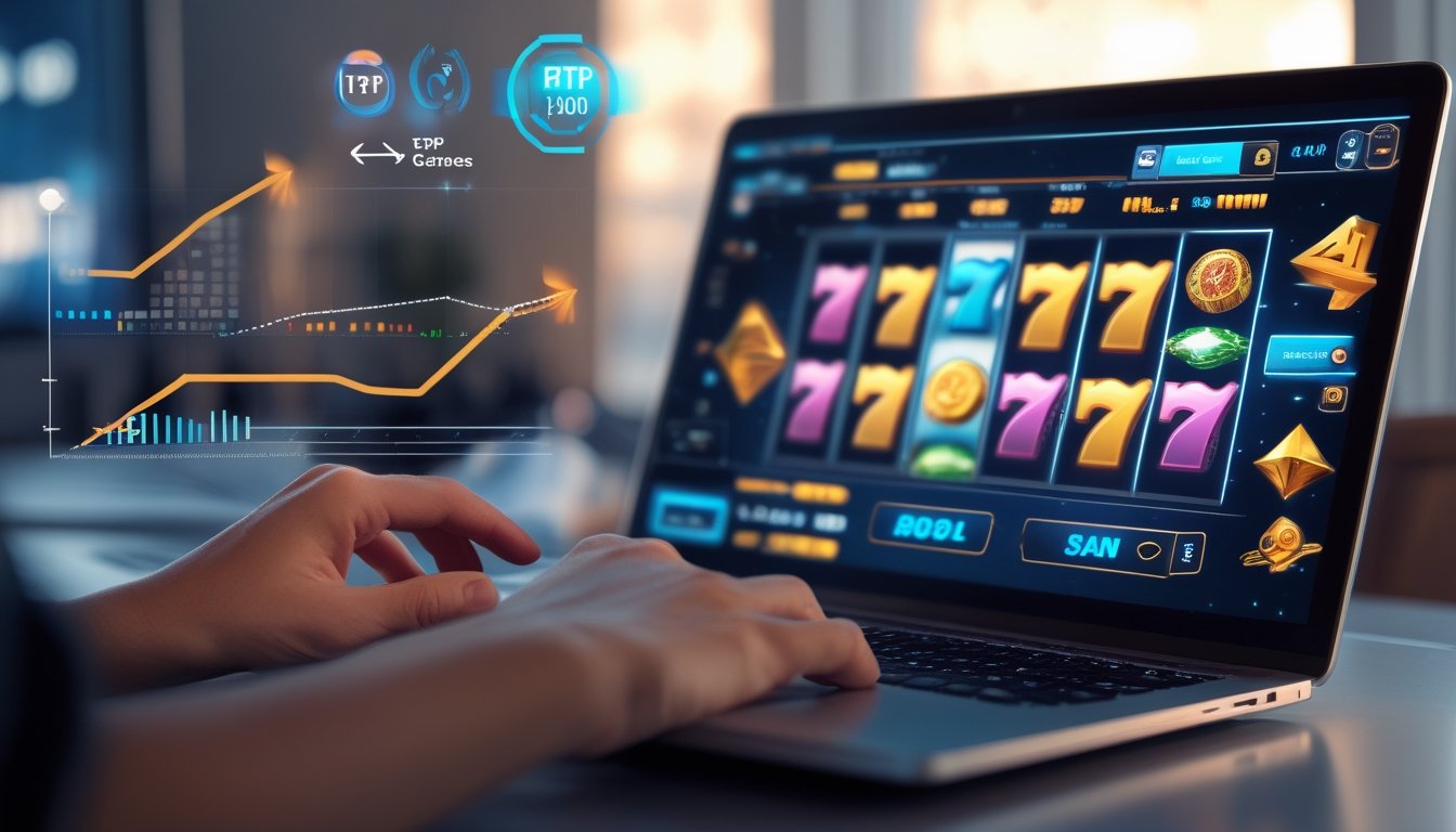 Tangan seseorang yang sedang menggunakan komputer dengan tampilan permainan slot online dan grafik data RTP di latar belakang.