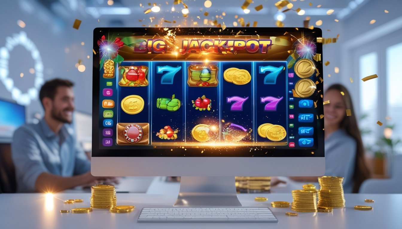 Seseorang bermain permainan slot online di komputer dengan tampilan kemenangan jackpot besar dan simbol slot warna-warni.