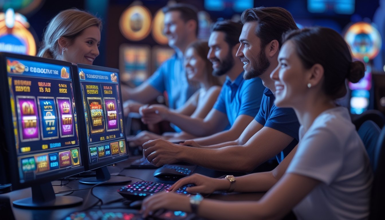 Orang-orang bermain mesin slot online di depan layar komputer dengan suasana kasino digital yang cerah dan menarik.