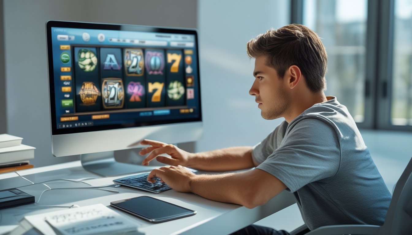 Seorang pria muda duduk di meja dengan laptop, bermain permainan slot online dengan ekspresi fokus dan sedikit khawatir.