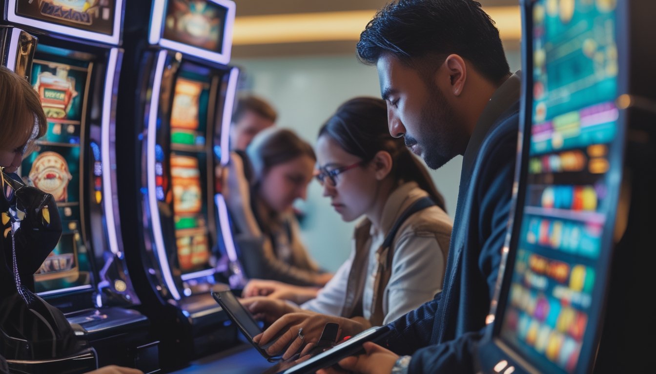 Sekelompok orang bermain mesin slot di dalam ruangan dengan ekspresi fokus dan sedikit frustrasi, menunjukkan kesalahan umum pemain slot online.