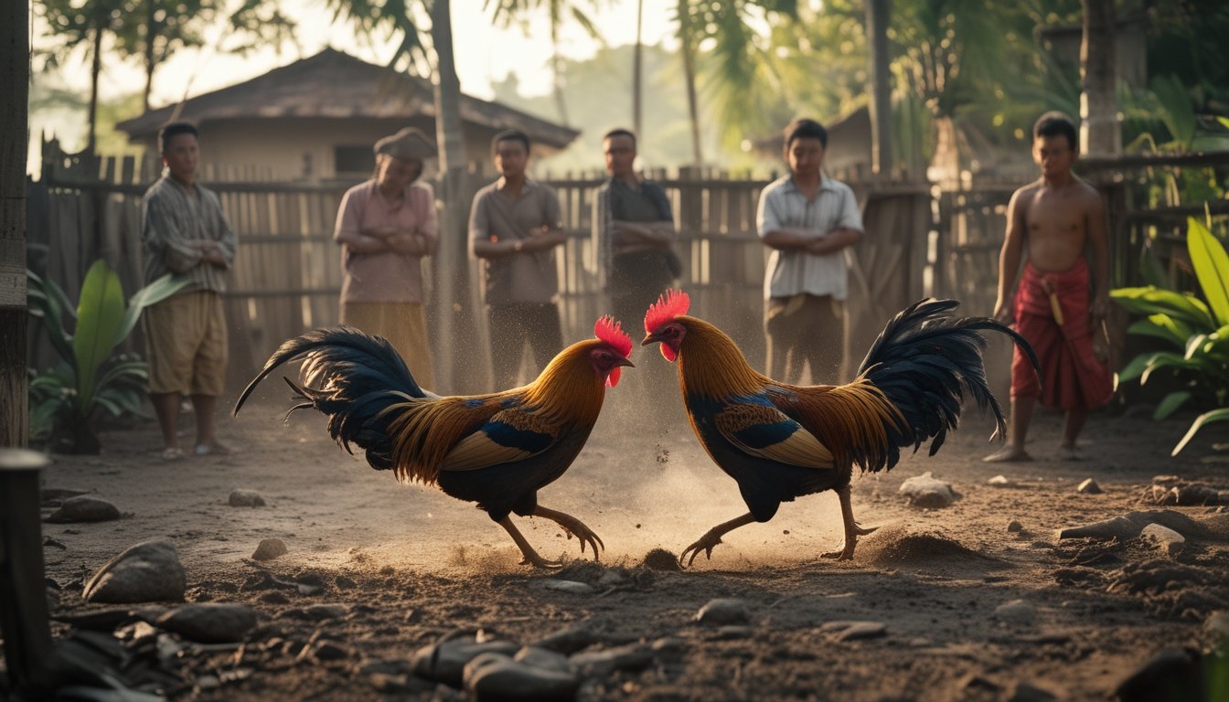 Dua ayam jago sedang bertarung di tanah dengan beberapa pria lokal mengamati di sekitar mereka di sebuah desa.