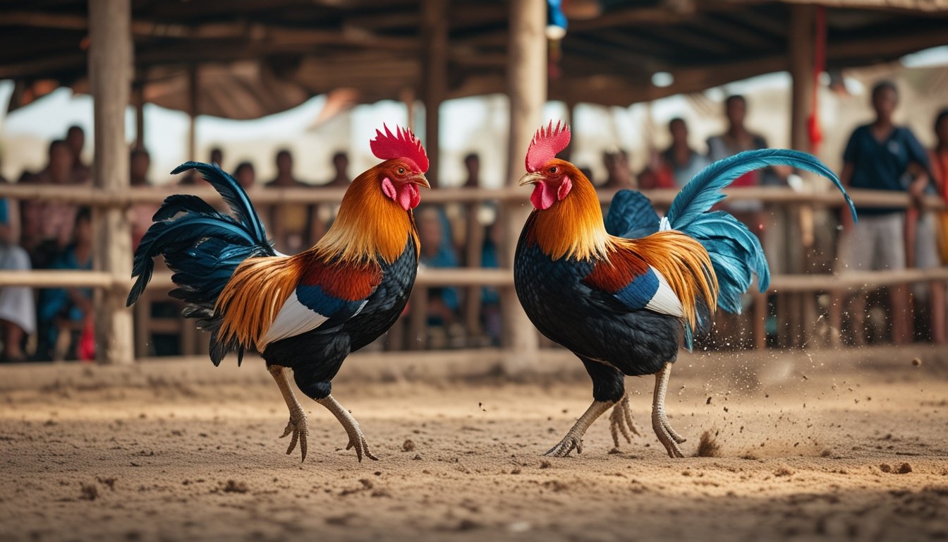 Dua ayam jantan sedang bertarung di arena tradisional dengan penonton di latar belakang.