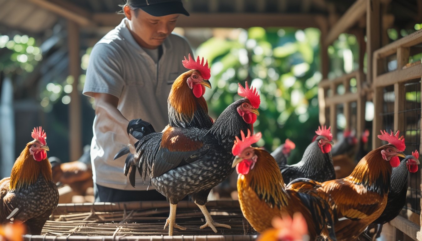 Seseorang sedang memilih ayam aduan berkualitas di luar ruangan dengan beberapa ayam lain di sekitar.