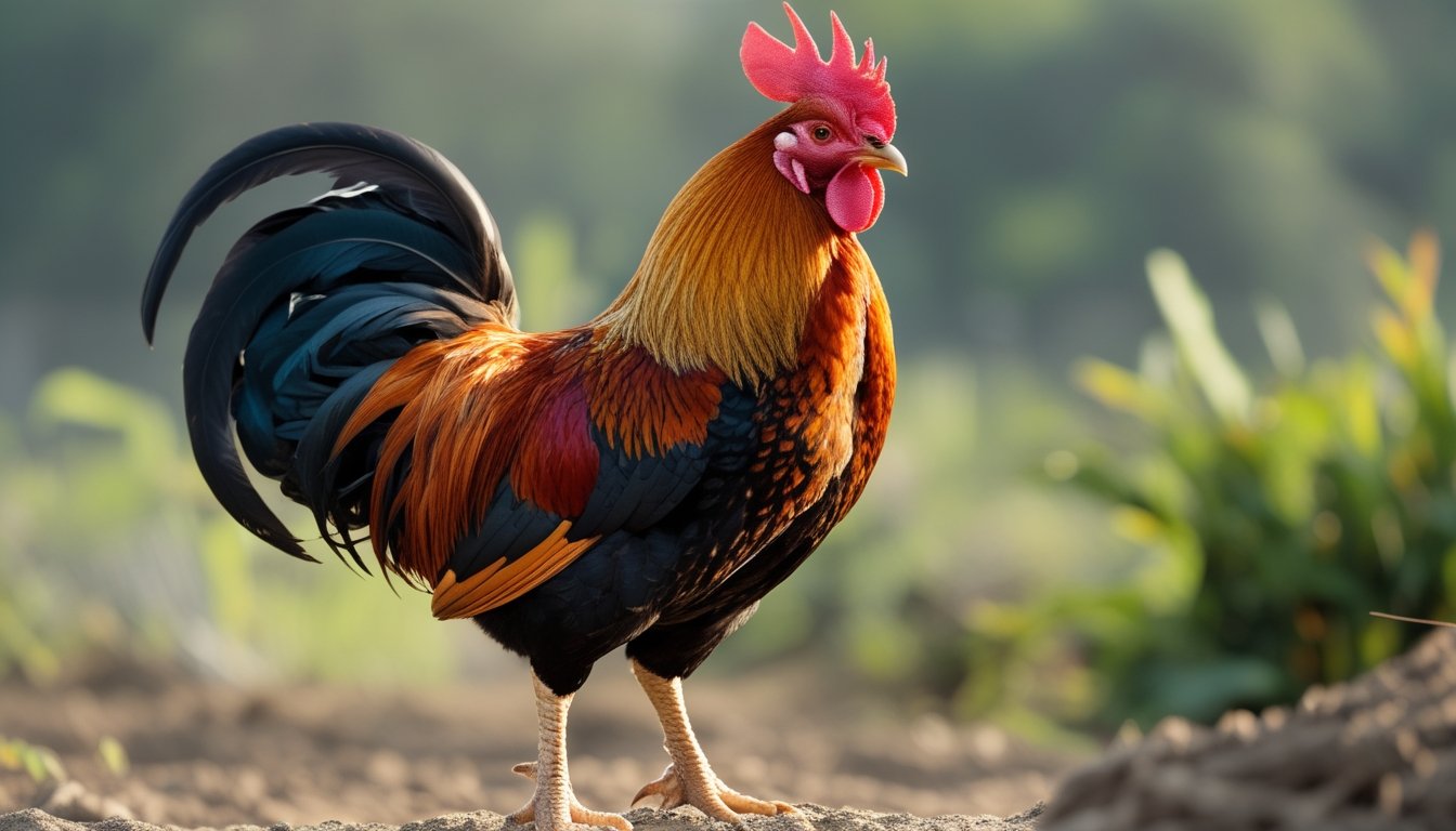 Seekor ayam aduan berkualitas dengan bulu berwarna cerah berdiri di luar ruangan dengan latar belakang tanaman hijau.