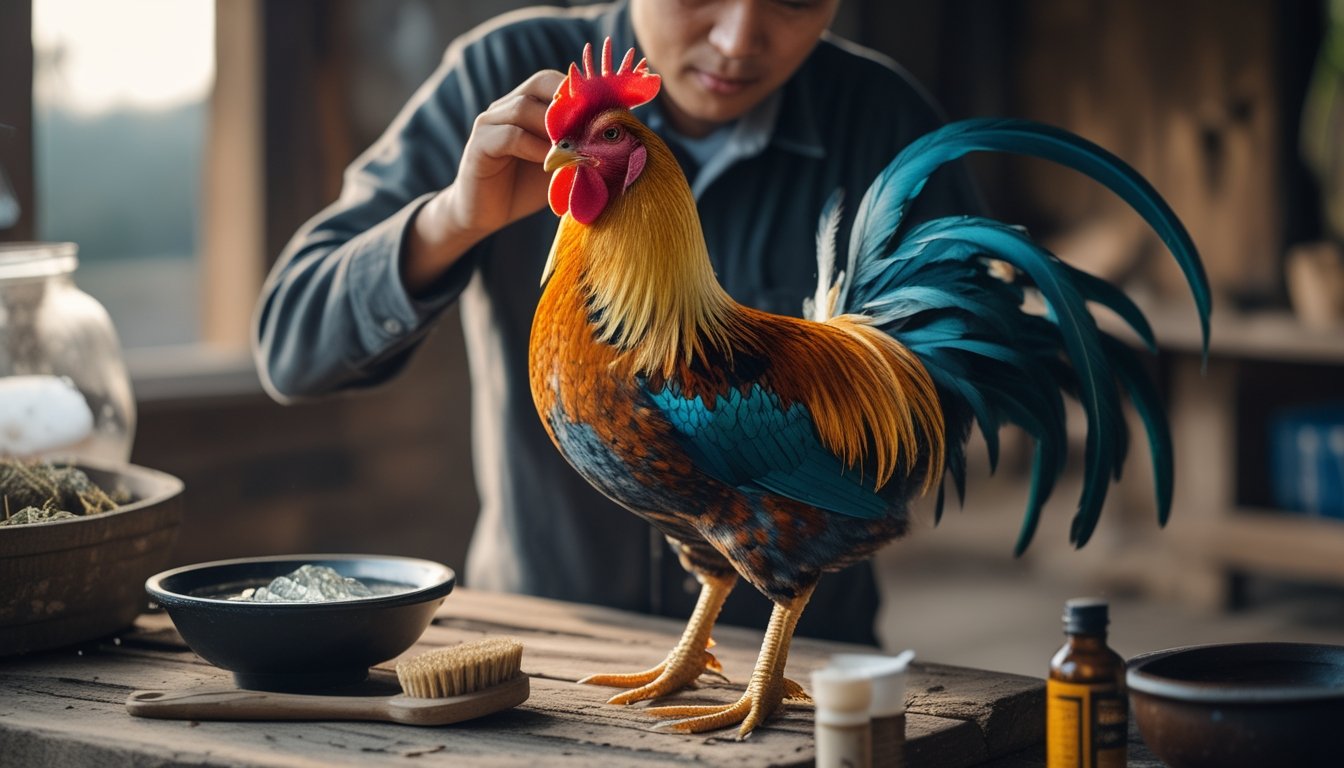 Seseorang sedang memegang dan merawat seekor ayam aduan dengan alat perawatan di meja kayu dalam suasana rumah pedesaan.