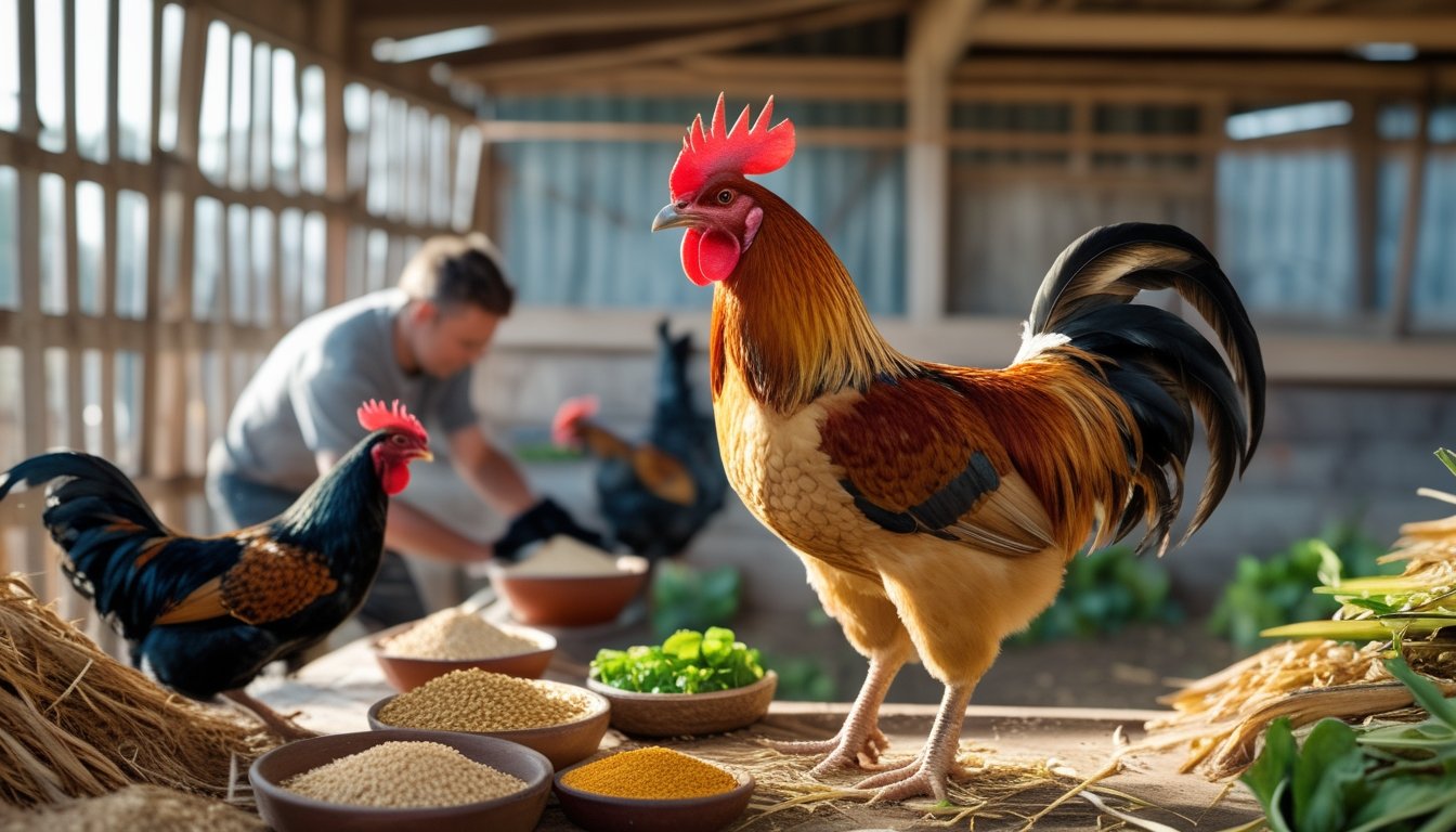 Seekor ayam aduan sehat berdiri di tempat bertengger dengan makanan alami seperti biji-bijian dan sayuran di sekitarnya, sementara seorang peternak merawat ayam lain di latar belakang di lingkungan peternakan yang bersih.