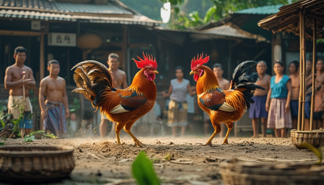 Dua ayam jago sedang bertarung di tengah desa tradisional Asia Tenggara dengan orang-orang yang mengenakan pakaian tradisional menonton di sekitarnya.