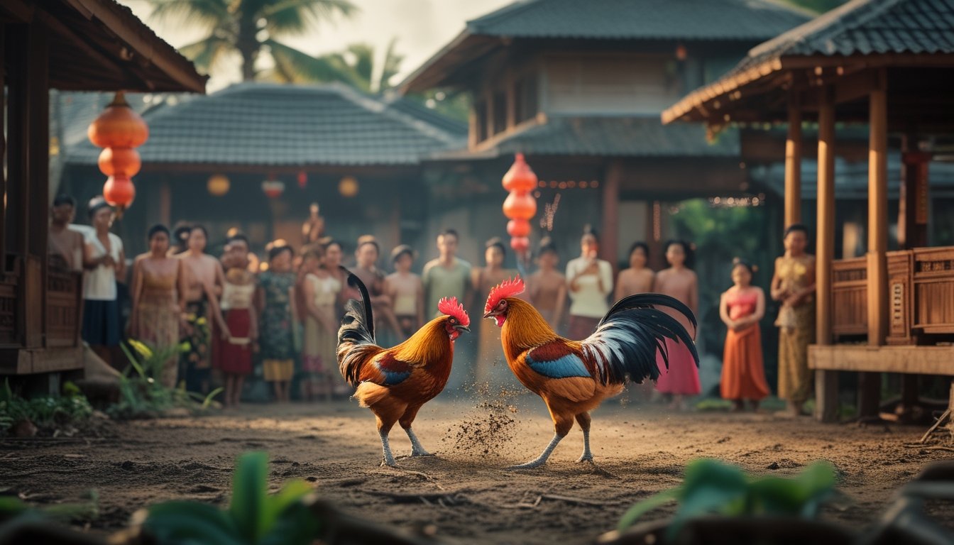 Dua ayam jago sedang bertarung di depan sekelompok orang yang mengenakan pakaian tradisional di sebuah desa di Asia Tenggara dengan rumah panggung dan tumbuhan tropis di sekitarnya.