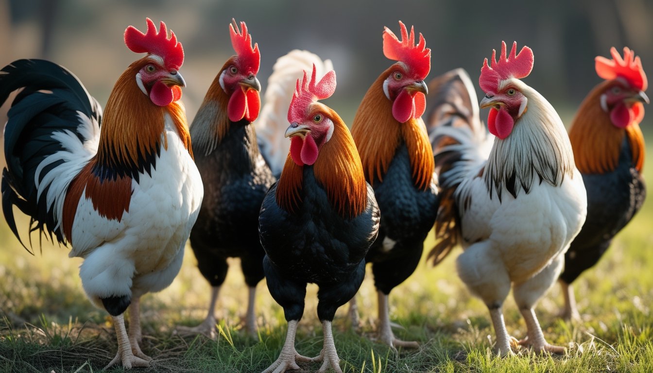 Beberapa ayam aduan dengan bulu berwarna cerah berdiri di atas rumput hijau di luar ruangan.