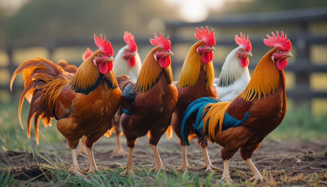 Beberapa ayam aduan dengan bulu berwarna-warni dan postur kuat di lingkungan luar ruangan yang alami.