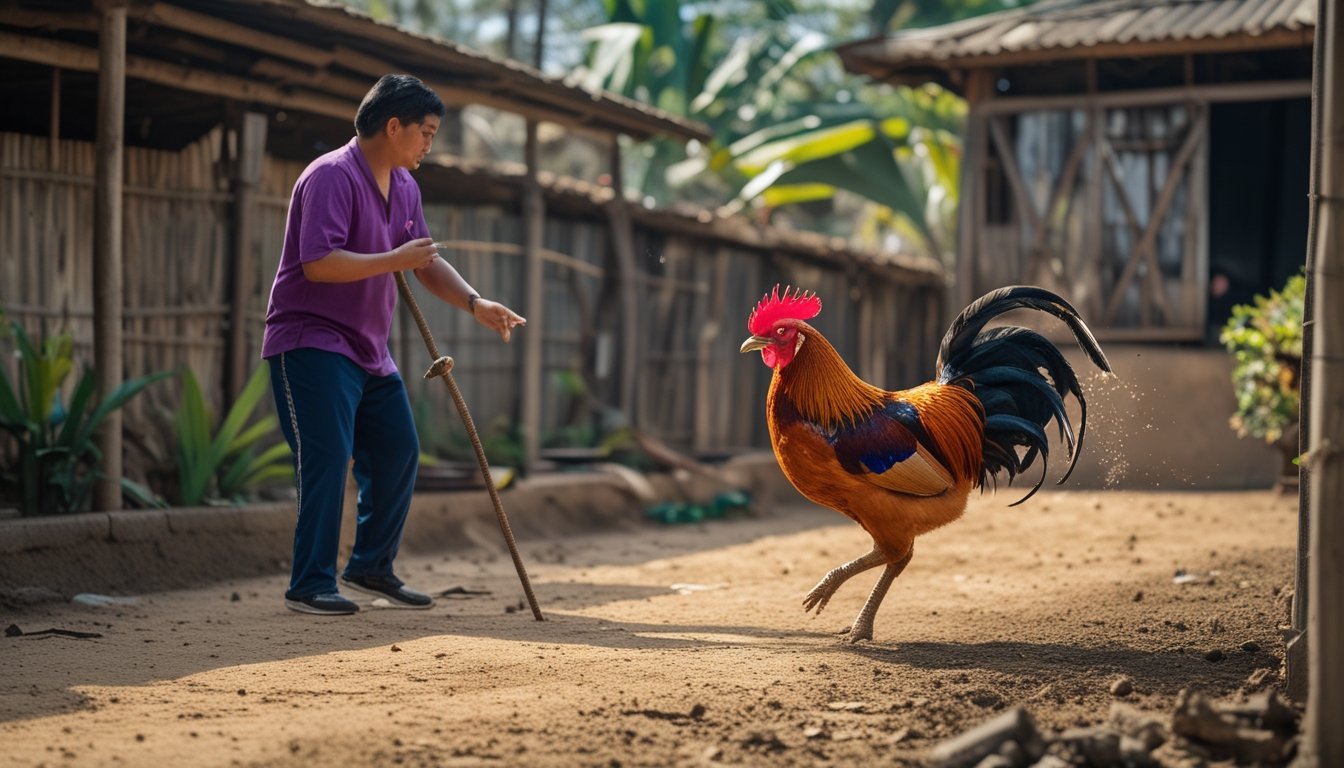 Seorang pelatih sedang melatih ayam aduan di area terbuka dengan latar belakang tanaman tropis dan pagar kayu.