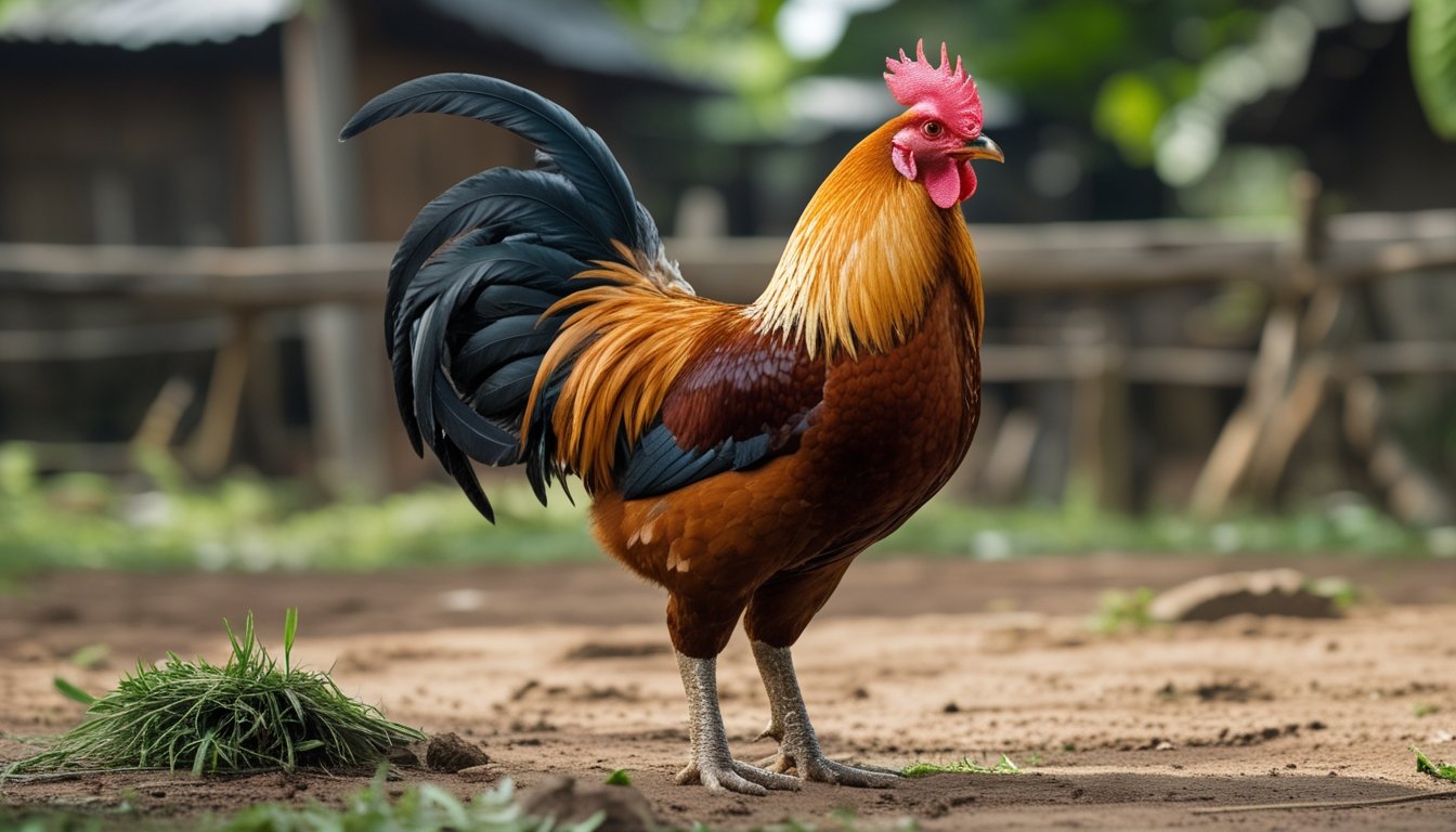 Seekor ayam aduan yang sehat dan berotot berdiri di tanah terbuka dengan latar belakang lingkungan pedesaan Indonesia.