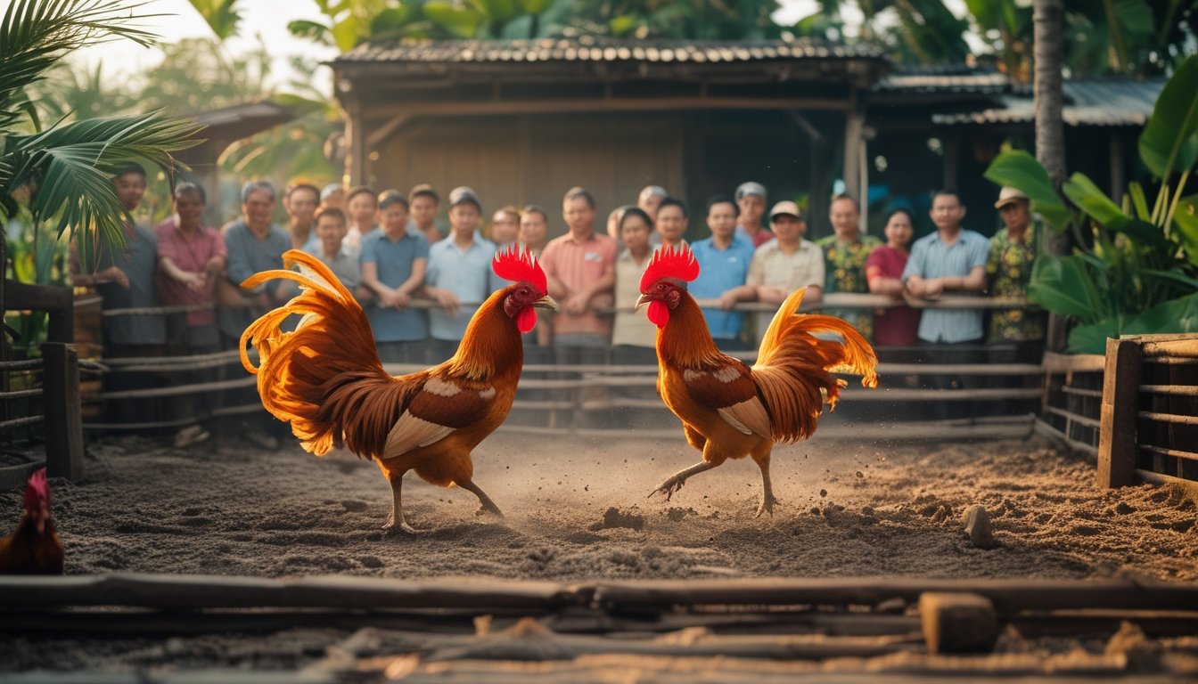 Pertandingan sabung ayam dengan dua ayam jantan sedang bertarung di arena kayu, dikelilingi oleh penonton yang memperhatikan dengan serius.
