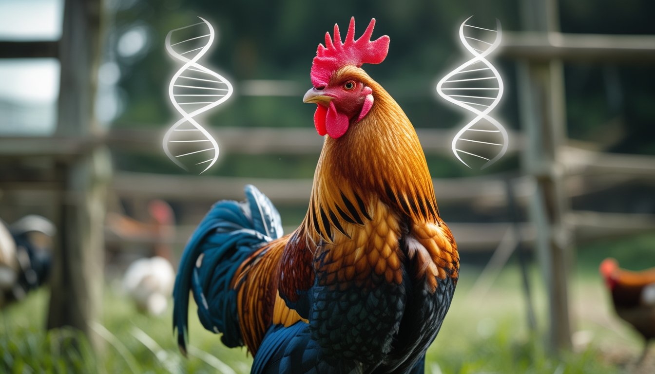 Seekor ayam jago sehat dengan bulu berwarna cerah berdiri di lingkungan peternakan alami.
