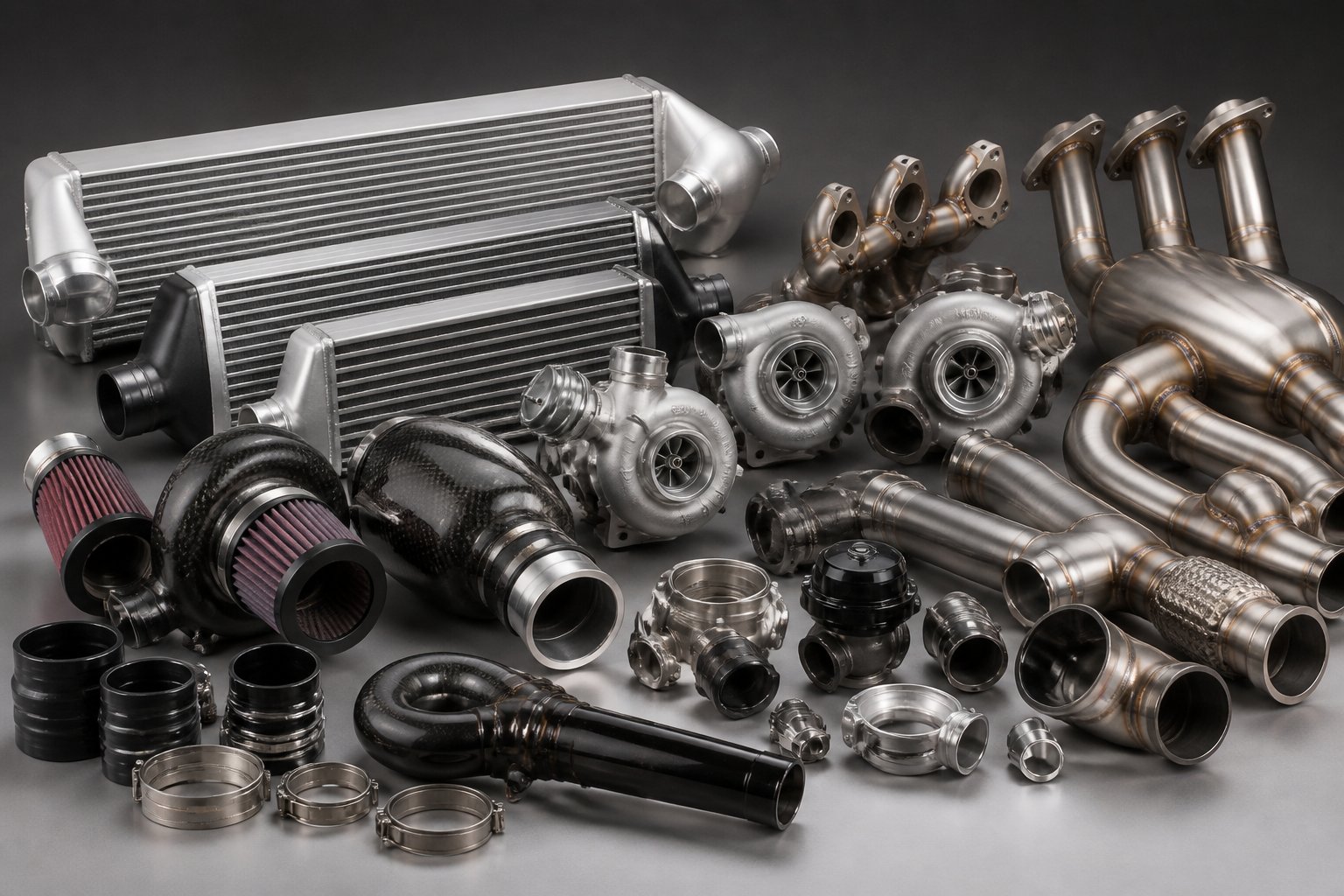 Een overzicht van hoogwaardige auto-onderdelen zoals intercoolers, luchtinlaten en turbo-onderdelen, netjes gerangschikt op een neutrale achtergrond.